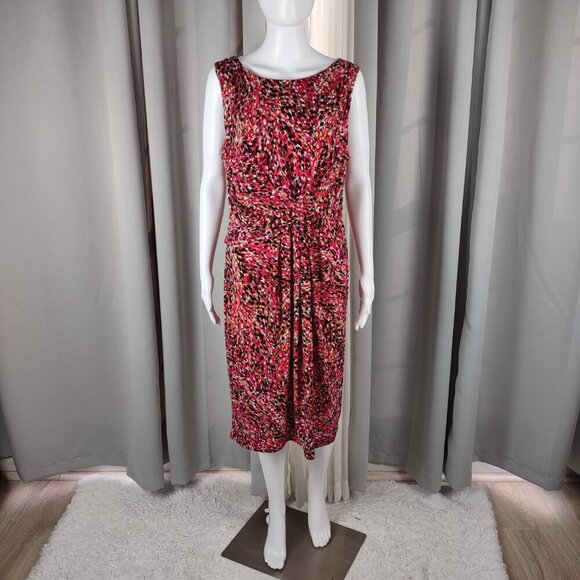 Jessica Howard Size 14 Pink White Black Print Midi Dress Sleeveless Ruched Waist - Picture 2 of 11